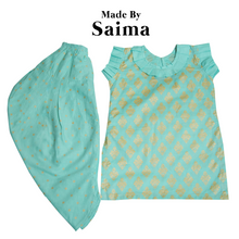 Load image into Gallery viewer, Turquoise & Gold - Printed Sleeveless Kameez with Samosa Salwar