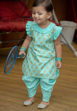 Load image into Gallery viewer, Turquoise & Gold - Printed Sleeveless Kameez with Samosa Salwar