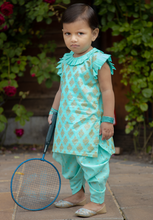 Load image into Gallery viewer, Turquoise & Gold - Printed Sleeveless Kameez with Samosa Salwar