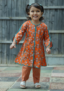 Orange & Turquoise - Floral Kurti with Trouser
