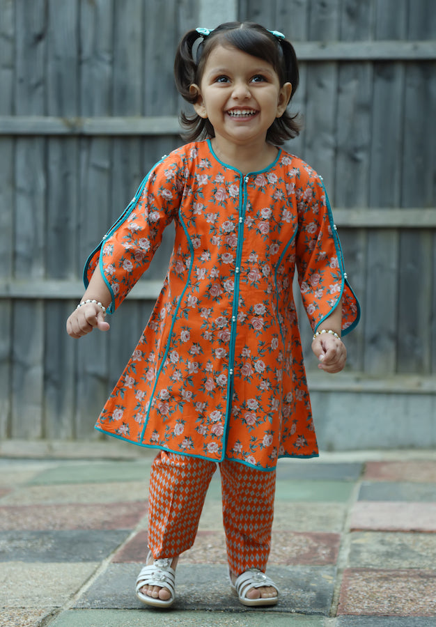 Orange & Turquoise - Floral Kurti with Trouser