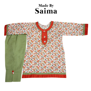 Orange & Green - Printed Kurta with Trouser