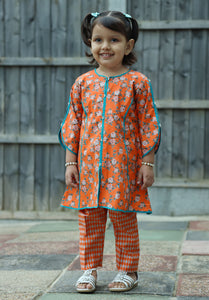 Orange & Turquoise - Floral Kurti with Trouser