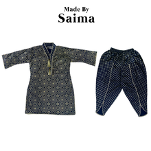 Load image into Gallery viewer, Navy Blue &amp; Gold - Printed Kurti with Tulip Salwar
