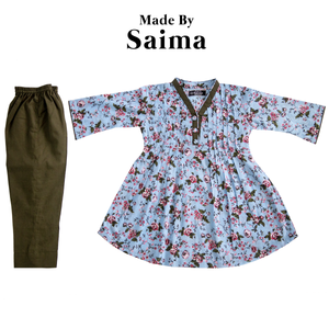 Blue Floral Plated Kurti with Trouser