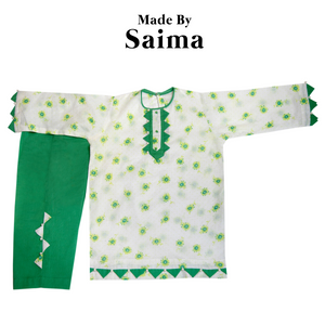 White & Green - Printed Kurta with Trouser