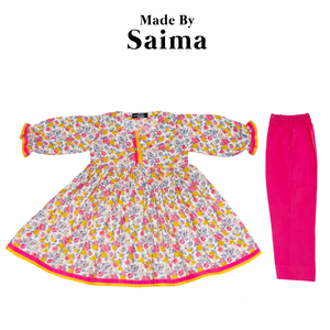 Pink & Peach Floral Plated Kurti with Trouser