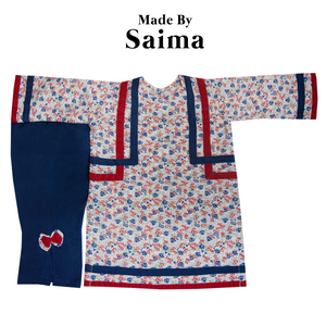 Navy Blue & Red - Printed Kurta with Trouser
