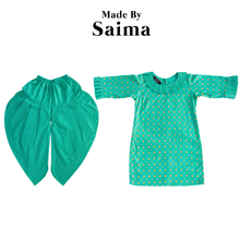 Load image into Gallery viewer, Turquoise &amp; Gold - Printed Kameez with Samosa Salwar
