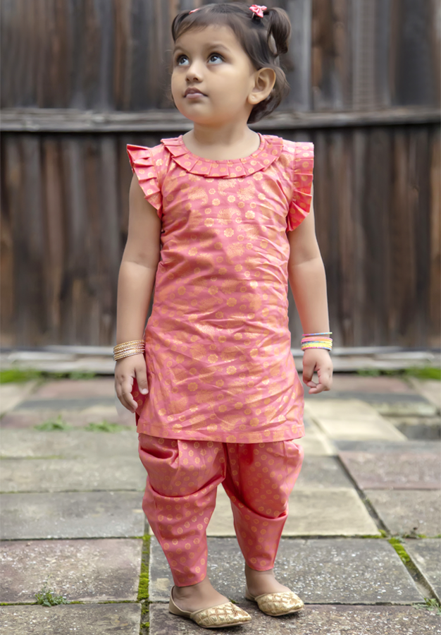 Peach & Gold – Printed Kameez with Samosa Salwar