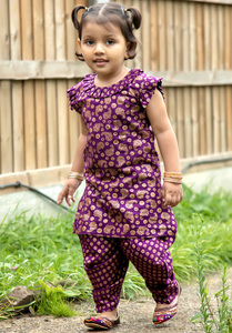 Purple & Gold – Printed Kameez with Samosa Salwar