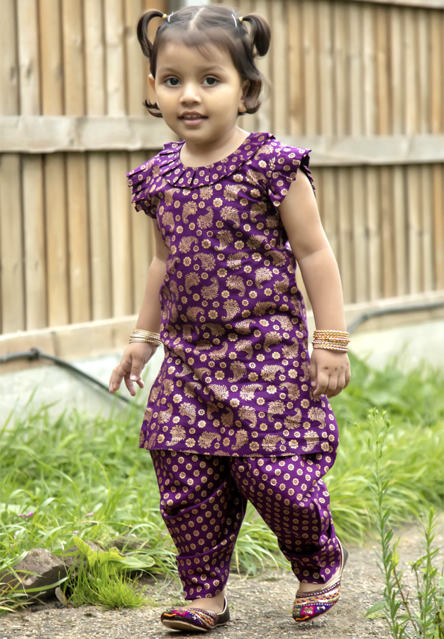 Purple & Gold – Printed Kameez with Samosa Salwar