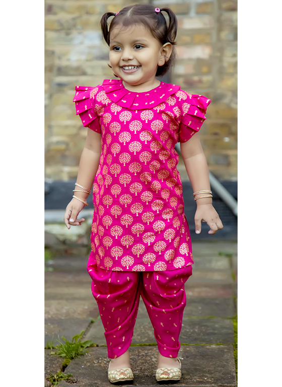 Fuschia Pink & Gold Printed Kameez with Samosa Salwar
