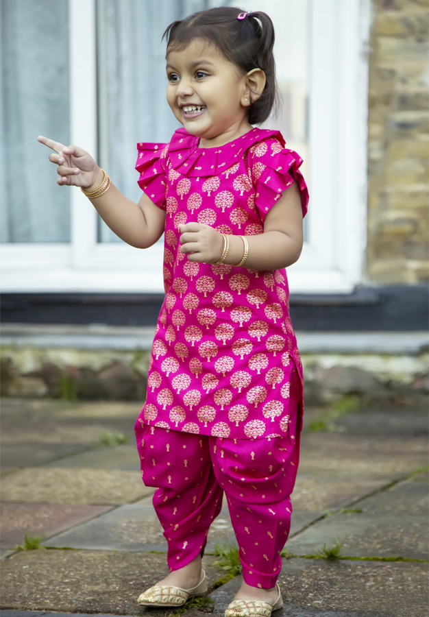 Fuschia Pink & Gold Printed Kameez with Samosa Salwar