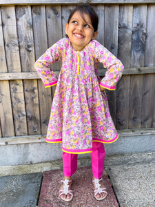 Pink Pleated Floral Kurti with Trouser