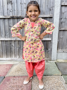 Yellow Peach Printed Kurti with Tulip Salwar Made By Saima