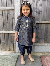 Load image into Gallery viewer, Navy Blue &amp; Gold - Printed Kurti with Tulip Salwar
