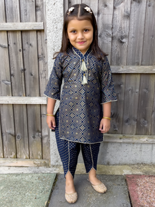 Navy Blue & Gold - Printed Kurti with Tulip Salwar