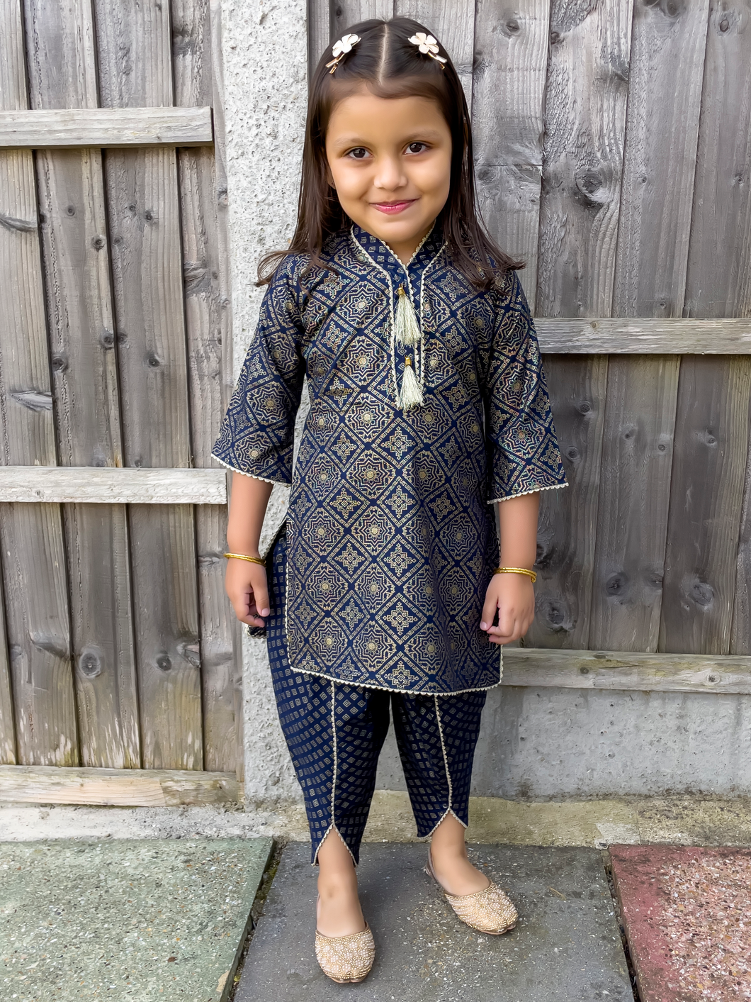 Navy Blue & Gold - Printed Kurti with Tulip Salwar
