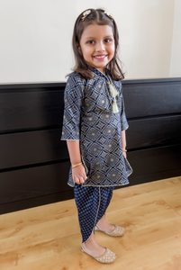 Navy Blue & Gold - Printed Kurti with Tulip Salwar