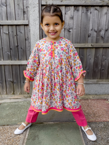Pink & Peach Floral Plated Kurti with Trouser