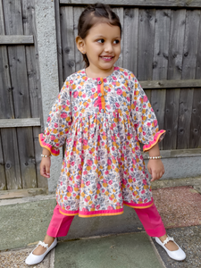 Pink & Peach Floral Plated Kurti with Trouser