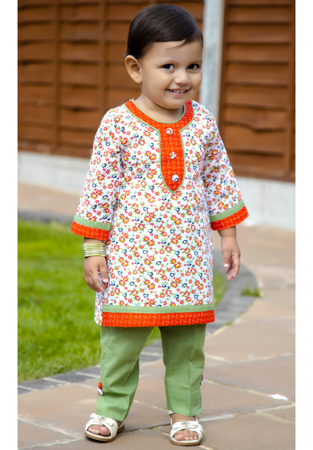 Orange & Green - Printed Kurta with Trouser