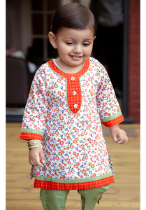 Orange & Green - Printed Kurta with Trouser