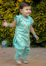 Load image into Gallery viewer, Turquoise &amp; Gold - Printed Kameez with Samosa Salwar

