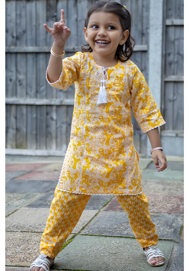 Yellow Printed Kurta with Trouser