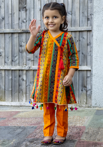 Orange Multicolour - Printed Kurti with Trouser