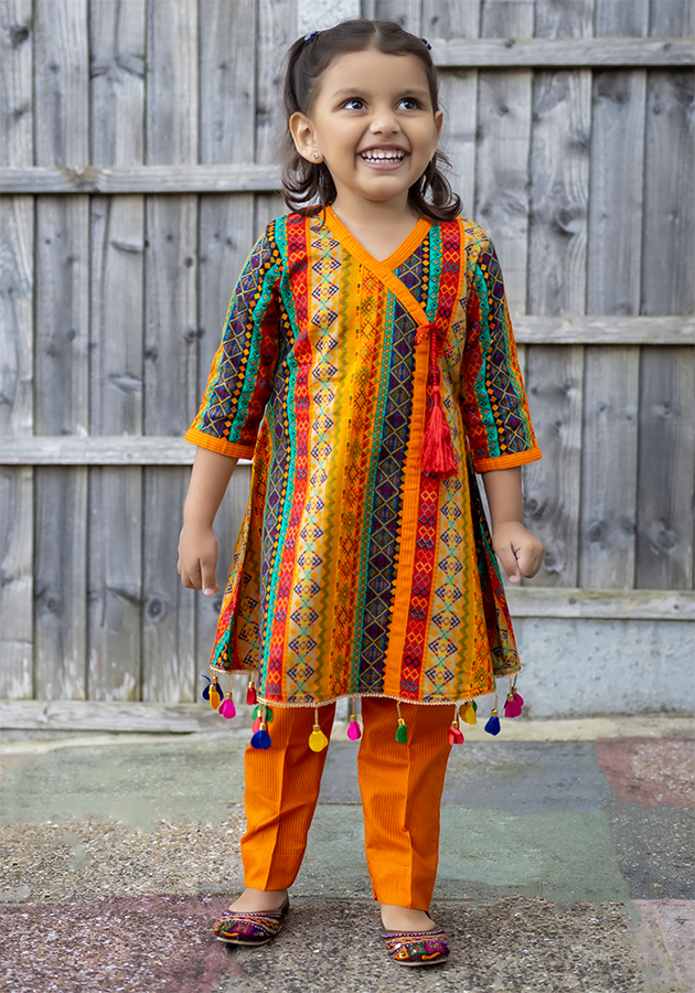 Orange Multicolour - Printed Kurti with Trouser
