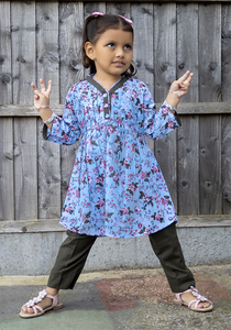 Blue Floral Plated Kurti with Trouser
