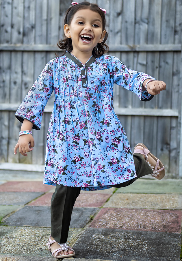 Blue Floral Plated Kurti with Trouser