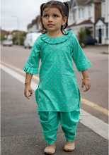 Load image into Gallery viewer, Turquoise &amp; Gold - Printed Kameez with Samosa Salwar
