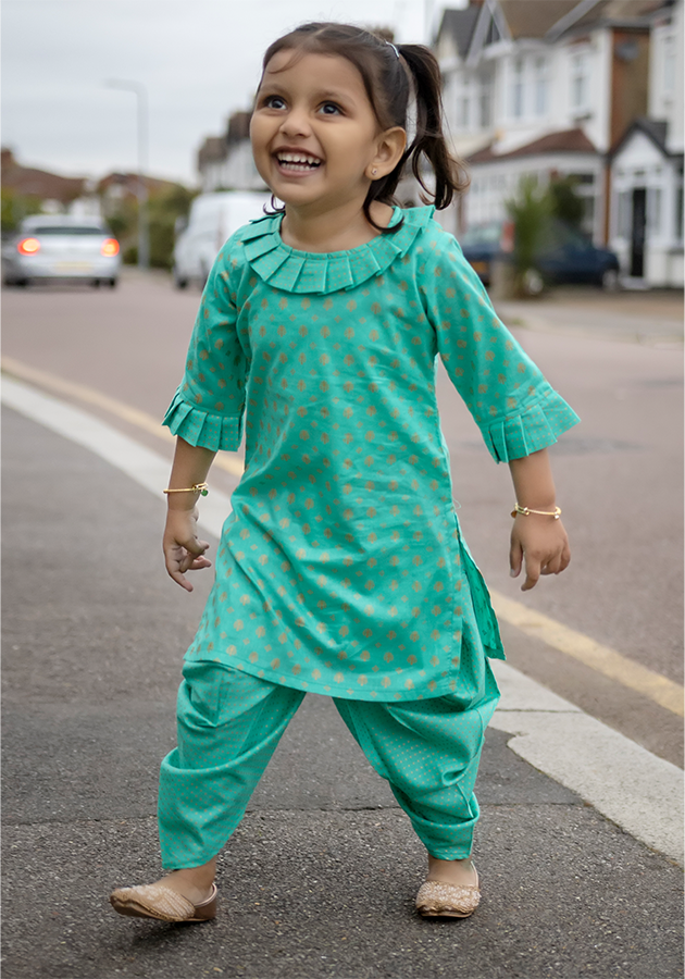 Turquoise & Gold - Printed Kameez with Samosa Salwar