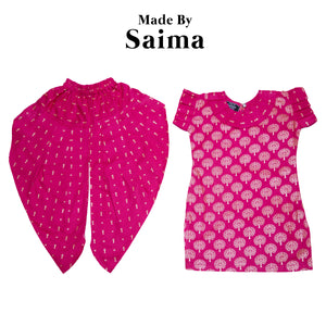 Fuschia Pink & Gold Printed Kameez with Samosa Salwar