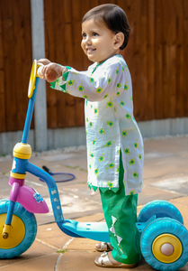 White & Green - Printed Kurta with Trouser
